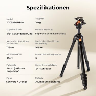 Штатив для камери та смартфона K&F Concept, алюмінієвий дорожній трипод з кулястою головкою та тримачем для планшета, навантаження 10 кг, висота 162 см