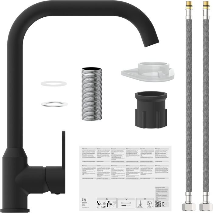 Кран кухонний гнучкий EISL Flexo з нержавіючої сталі/чорний, з високим виливом та м'яким шлангом, поворотний на 360 градусів, NI186FLNIB
