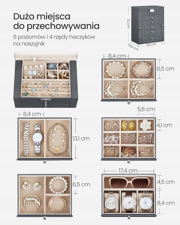 6-рівнева шкатулка для прикрас із дзеркалом та шухлядами для годинників