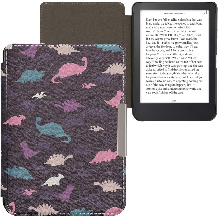 Чохол-книжка kwmobile для Kobo Clara 2E / Tolino Shine 4 - з візерунком єгипетських ієрогліфів, золото-чорний (різнобарвні динозаври, фіолетовий, жовтий, блакитний)