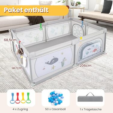 DREAMADE 200 x 140 cm Baby Playpen, Playard with 50 Balls & Carry Bag, Crawling Fence for Children for Indoor & Outdoor Use (Gray Underwater World, without mattress) Gray Underwater World without mattress