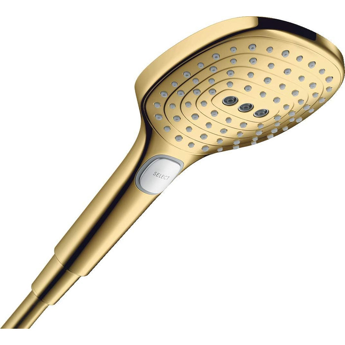 Hansgrohe Raindance Select E - water-saving showerhead 9 l/min (EcoSmart), hand shower with 3 spray patterns, square shower head (120 x 120 mm), showerhead with water-saving function and anti-limescale feature, 26521000 (Polished Gold Optic, 3 spray patterns)