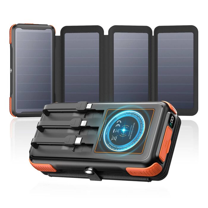 Портативний зарядний пристрій A ADDTOP Solar 25000mAh з сонячною панеллю, 20W, USB-C, 3 кабелі, для кемпінгу та подорожей