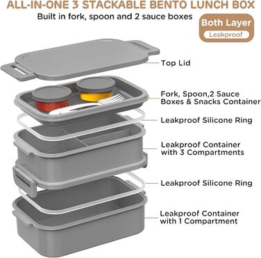 WayEee Ланчбокс для дорослих 2130 мл, великий об'єм, бенто-бокс, витікання захищено, BPA Free, для офісу, школи (сірий)