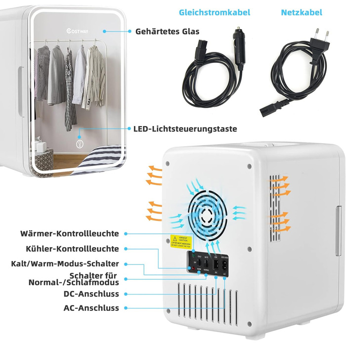 COSTWAY 10L Skincare Fridge - Mini Glass Door Fridge with Touch Screen Mirror & Cooling/Heating for Beauty & Cosmetics
