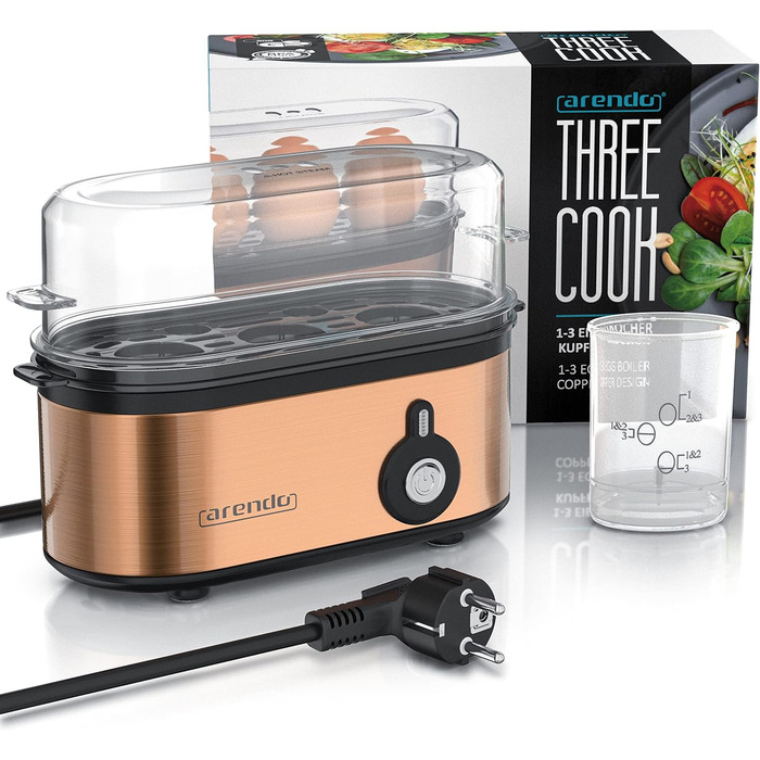 Електричний яйцеварка Arendo Threecook з нержавіючої сталі - 1-3 яйця, регулювання ступеня готовності, BPA-free, GS-сертифікат