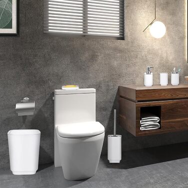 Сучасний 6-частинний набір для ванної кімнати білого кольору з дозатором для мила, тримачем для зубних щіток, мильницею, щіткою для унітазу, сміттєвим відром та склянкою з пластику та металу, білий