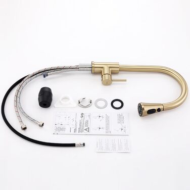 Кухонний змішувач з висувною лійкою, 3 режими струменя, поворотний на 360°, високого тиску, для кухні, матовий золотий