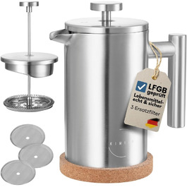 Френч-прес 600 мл з нержавіючої сталі, з підігрівом, 3 фільтри, пробка-підставка, для миття в посудомийній машині, преміум-якість, двостінний, срібний