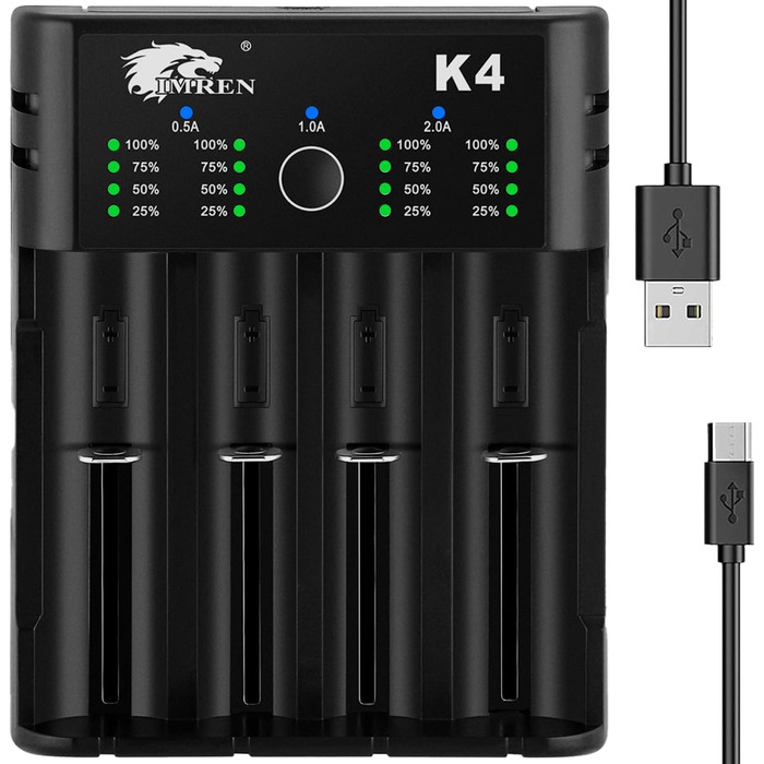 Зарядний пристрій IMREN 18650 з 4 слотами, 2A, USB-C для Li-Ion акумуляторів 18350, 14500, 14650, 17500, 18700, 20700, 21700, 22650, 26650, 1.2V NI-MH/NI-Cd AA AAA C
