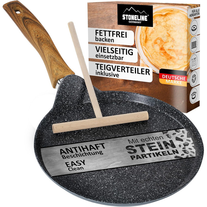 STONELINE Back to Nature Crepe Pan Induction 25 cm, Omelette Pan coated with real stone particles, Pancake/Pancake Pan Non-Stick, Fat-Free Frying, All Cooktops, Wood-Look