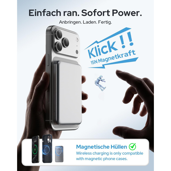 Магнітний Power Bank для iPhone з підтримкою MagSafe 5000mAh, зовнішній акумулятор з бездротовою зарядкою та USB-C, сріблястий
