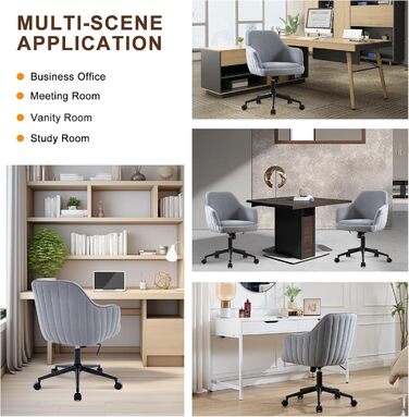 Офісний стілець для дому та офісу до 136 кг, обертовий, оксамитовий, з підлокітниками та колесами, ергономічний, зручний для жінок та дівчат, регульована висота, спальня, домашній офіс (Сірий, Оксамит)