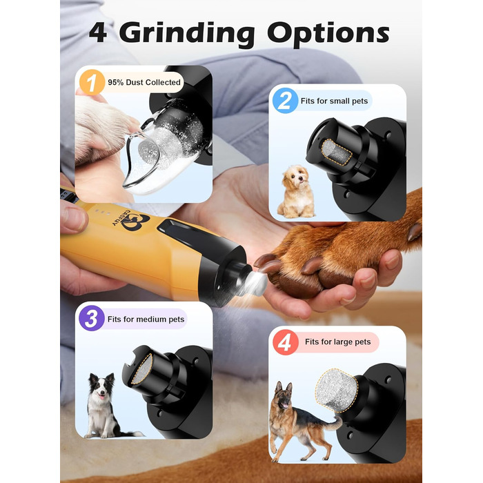 Електричний точилка для собачих кігтів Casfuy 6-Gang з потужним мотором 4.8V, тиха, з LED-підсвіткою та збирачем пилу. Ідеальний інструмент для догляду за домашніми тваринами.