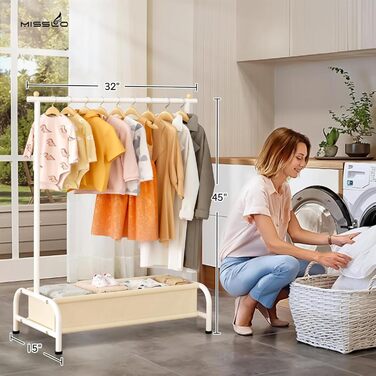 Детский вешалка для одежды MISSLO с корзиной, белая. Компактная стойка для хранения детской одежды, выдерживает большую нагрузку. Размеры: 38 x 81 x 114 см