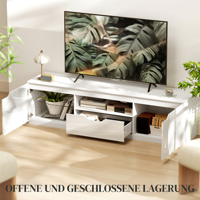HOMCOM TV Stand with High-Gloss Finish, Holds TVs up to 65'', 3 Shelves, 1 Drawer, 160 x 38 x 43 cm, White