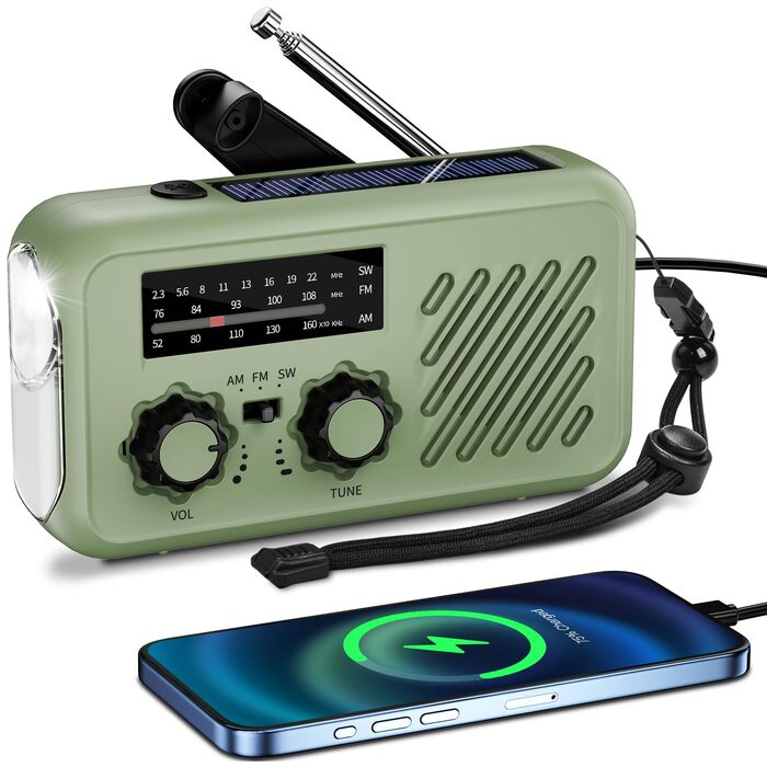 Радіо Kurbelradio – світоприймач для екстрених ситуацій з ручним заводом, сонячною батареєю та USB-зарядкою. Радіо з Power Bank 2000mAh, LED-ліхтарем, SOS-сигналом, FM/AM/SW. Компактне радіо для походу та надзвичайних ситуацій