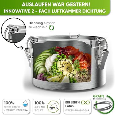 Blockhutte Premium Stainless Steel Lunchbox, Round, 1200ml, with Spoon and 2x Seal Set, Stainless Steel Leakproof Container, Stainless Steel Food Storage Container for Office Use, Freezer-Safe Stainless Steel Food Container
