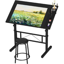 Adjustable Drafting Table with Tilting Surface (0-60°) - Height Adjustable Art Table with Stool and Storage for Home & Office - Black Wood Finish