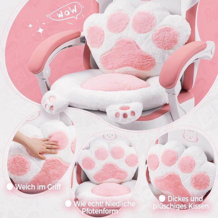 Ігровий крісло Dowinx з підніжкою, рожевий, для дорослих, з дизайном котячих лапок, ергономічний, для ПК