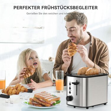 KitchenBoss 2-Slice Toaster: Toaster with bun rack and crumb tray, 6 browning levels, stainless steel toaster with automatic shut-off, defrost function, and reheat function, 870W