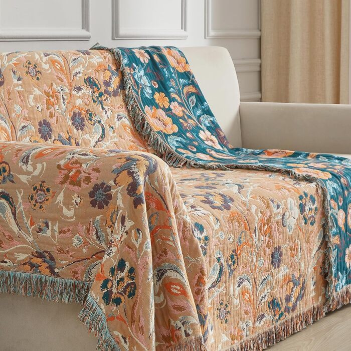 Богемна ковдра Boho 150x200 см з 100% бавовни, двостороння муслінова ковдра, плед для дивану та ліжка, patchwork, літня ковдра для вітальні, зелено-бежева (230x250 см, квіти та птахи)