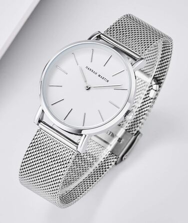 Жіночий годинник Hannah Martin: аналоговий кварц, водонепроникний, з нержавіючої сталі, ультратонкий, сіре мережате плече, біле покриття