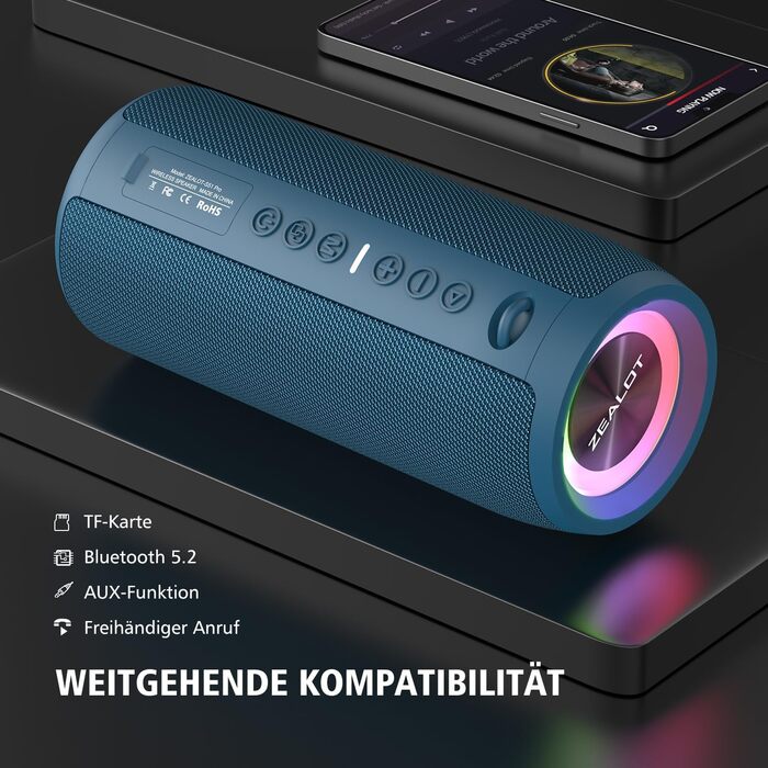 ZEALOT Bluetooth колонка з підсвіткою 40W, водонепроникна IPX6, AUX, USB, Micro SD, Bluetooth 5.2, подвійне з'єднання
