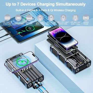 Сонячний Powerbank 26800 mAh з ручним генератором та 4 кабелями, водонепроникний зовнішній акумулятор для телефону, кемпінгу, подорожей (сріблястий)