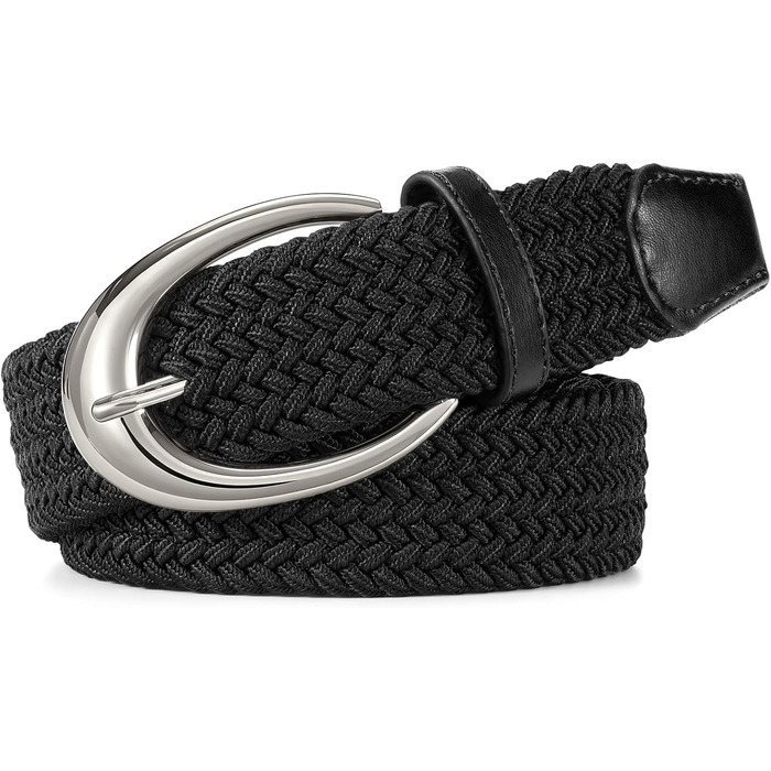 Жіночий/Чоловічий плетіний еластичний ремінь WERFORU для джинсів та штанів (110 см, чорний з срібляною пряжкою)
