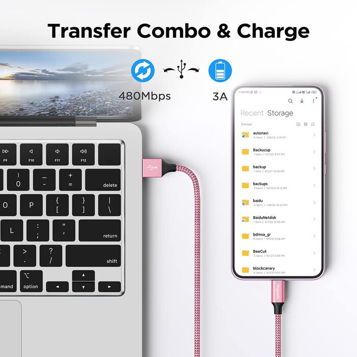 Кабель USB-C 30см [2 шт], білий: USB-A до USB-C, зарядний, нейлон, для iPhone, Samsung Galaxy