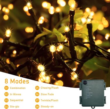 Гірлянда світлодіодна святкова, 30м, 300 LED, з таймером, 8 режимів, водонепроникна, зелений кабель, тепле біле світло, для декору, вечірок, саду, на різдво