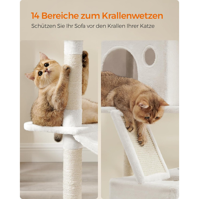 Драбина для котів Feandrea, 206 см, XXL, з 13 стовпчиками для дряпання, 2 платформами, 2 хованками, кошиком, помпонами, багатоярусна, кремово-біла, для дому (60 x 50 x 206 см)