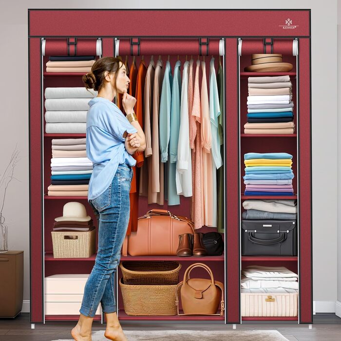 KESSER® Wardrobe Clothes Rack Stable with Clothes Rail & Shelves, Incl. 5x Clothes Hangers, Fabric Folding Wardrobe for Bedroom, Dressing Room, Clothes Rack 150x45x175cm (Burgundy Red)