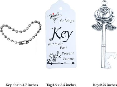 Aokbean 100 Pieces Wedding Key Bottle Opener Rose Shape Vintage Rustic Cake Accessories Suitable as a Gift for Guests with Thank You Card and Chain (Antique Silver)