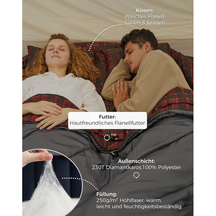 KingCamp 2-Person Sleeping Bag - Winter Warm Outdoor Sleeping Bag for Camping & Travel - 3-4 Season, Lightweight, with Flannel Pillows