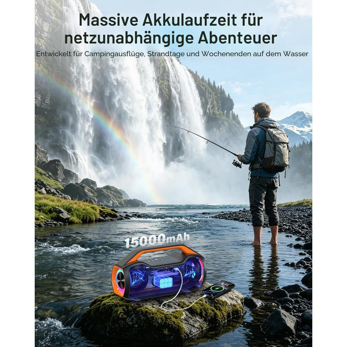 Bluetooth колонка портативна 120W помаранчева з басами, водонепроникна IP65, підтримка DSP/TWS/AUX/TF/BT5.4 для вечірок та пляжу