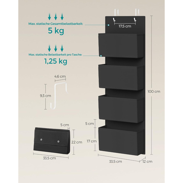 Органайзер для шафи SONGMICS з 4 кишенями, підвісна полиця, органайзер для гардеробу, підвісне зберігання, органайзер для дверей, спальня, вітальня, 2 x 33,5 x 00 см, RDH04G (2, Чорний)