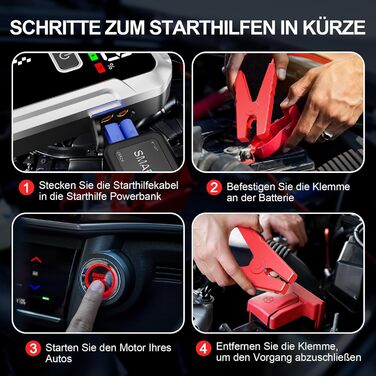 Портативний акумулятор Starthilfe для автомобіля 7000A: Запуск 12V авто, SUV, мотоцикла, газонокосарки. LED дисплей, чорний