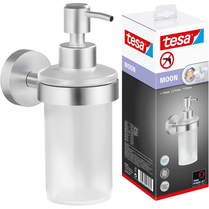 tesa Moon Soap Dispenser Set, satinized glass and chrome-plated stainless steel - Wall-mounted liquid soap dispenser without drilling, incl. adhesive solution - 109 mm x 70 mm x 156 mm