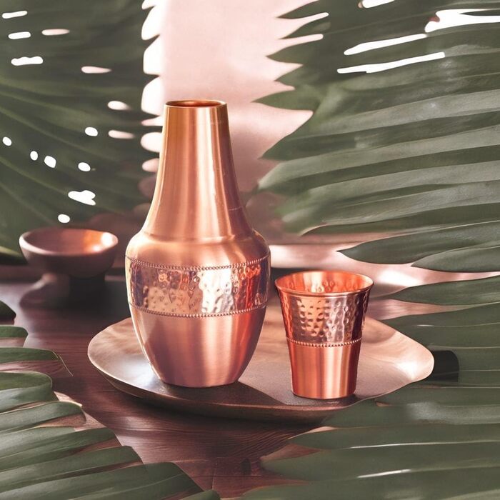 Copper Nightstand Carafe with Cup, 1.4 L, Capacity for Ayurvedic Health Benefits, Water Jug for Home, Gift, Sports, and Yoga