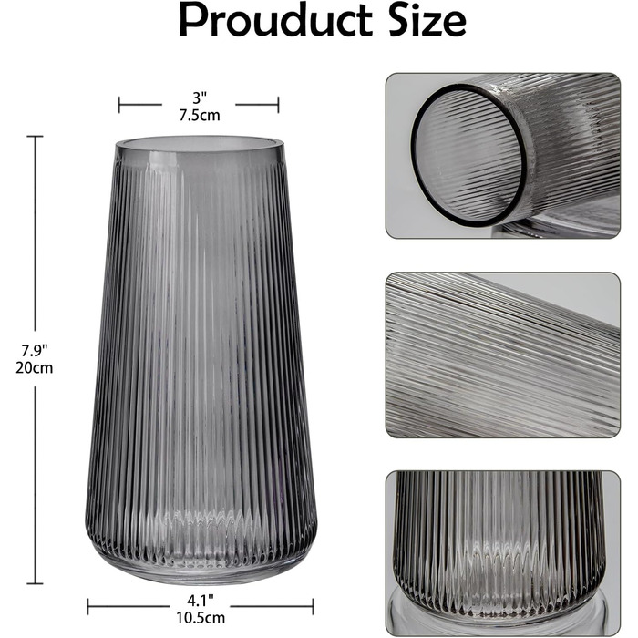 Скляна ваза Dekovase з жолобками - сучасний дизайн для дому та декору, 20 см, темно-сірий