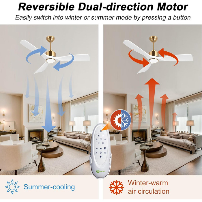 Сучасний стельовий вентилятор з підсвічуванням та пультом керування, 132 см, білий та золотий, тихий DC-двигун, сумісний з Alexa/Google Home