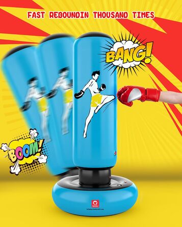 Дитячий боксерський мішок QPAU з рукавичками, надувний, 168 см, для хлопчиків та дівчаток 6-12 років, блакитний