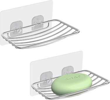 Тримач для мила без свердління Uten, нержавіюча сталь, самоклеючий, з 2 гачками, для ванної, кухні (сріблястий, овальний, 2 шт.)