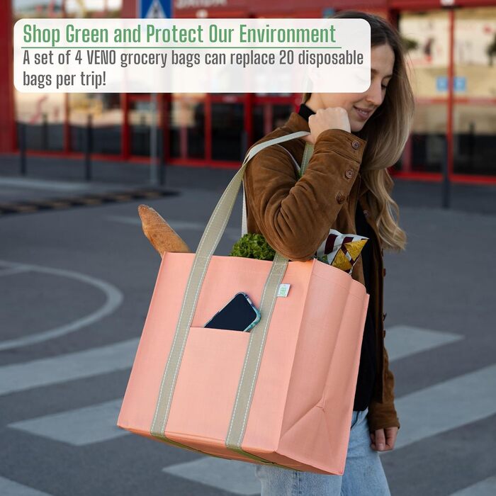 VENO 34 Liter Large Shopping Bag Foldable with Sturdy Bottom and Front Pocket, Reusable Shopping Bags Water-Resistant Tote Bag Shopping Basket for Shopping Picnic (Pink, 4-Pack)