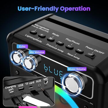 Портативна караоке-машина Ankuka з 2 бездротовими мікрофонами, 15W Bluetooth, LED-підсвічуванням, TF/USB, FM, AUX, TWS, для вечірок та свят