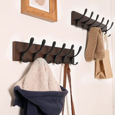 SKOLOO Wall Mounted Coat Rack - Wood Brown Wall Coat Rack Hooks Wall Organizer Clothes Hanger Rack with 6 Hooks for Hanging Coats, Hats, Clothing, Scarves, Brown & Black 1 Brown (6 Hooks)