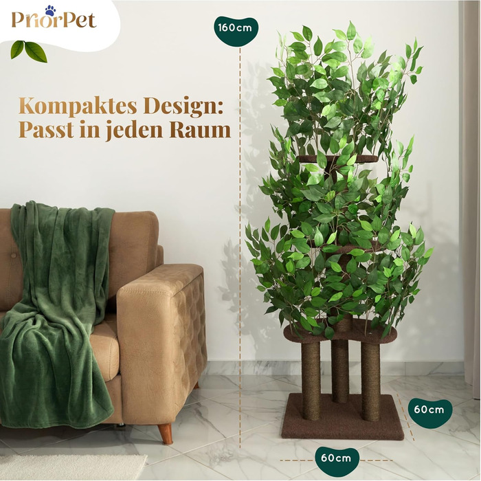 Дерево для котів з листям – Стабільний та компактний – 4 поверхні для дряпання та 3 стовпчики – Ідеально для лазіння, ховання та сну – Легка збірка – Безпечний та довговічний cat tree з натуральних матеріалів