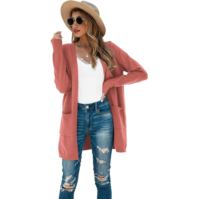 Кардиган жіночий Saodimallsu трикотажний, довгий, легкий, однотонний, з кишенею, темно-рожевий, розмір M